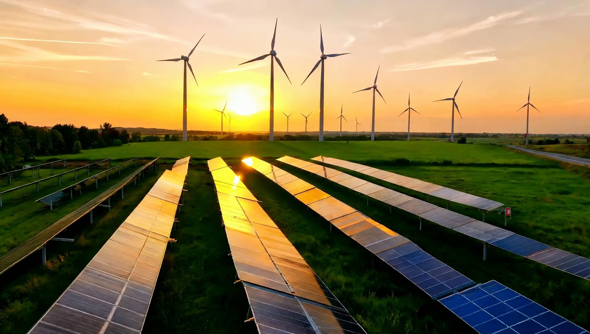 Solar panels and wind turbines in the UK countryside